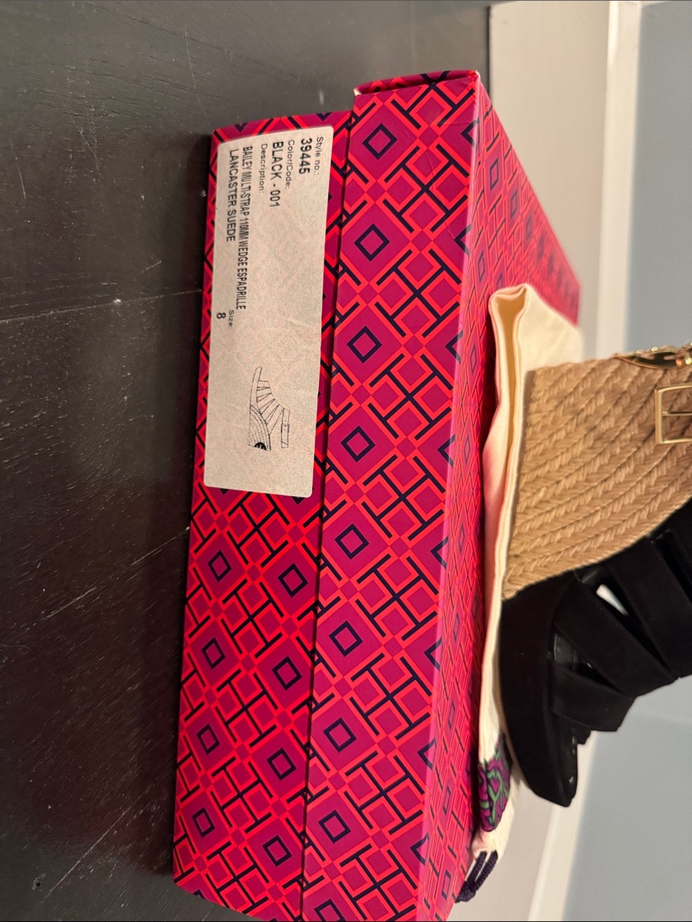 Tory Burch Black Suede Espadrille Wedge Sandals with Gold Logo - Picture 5 of 12